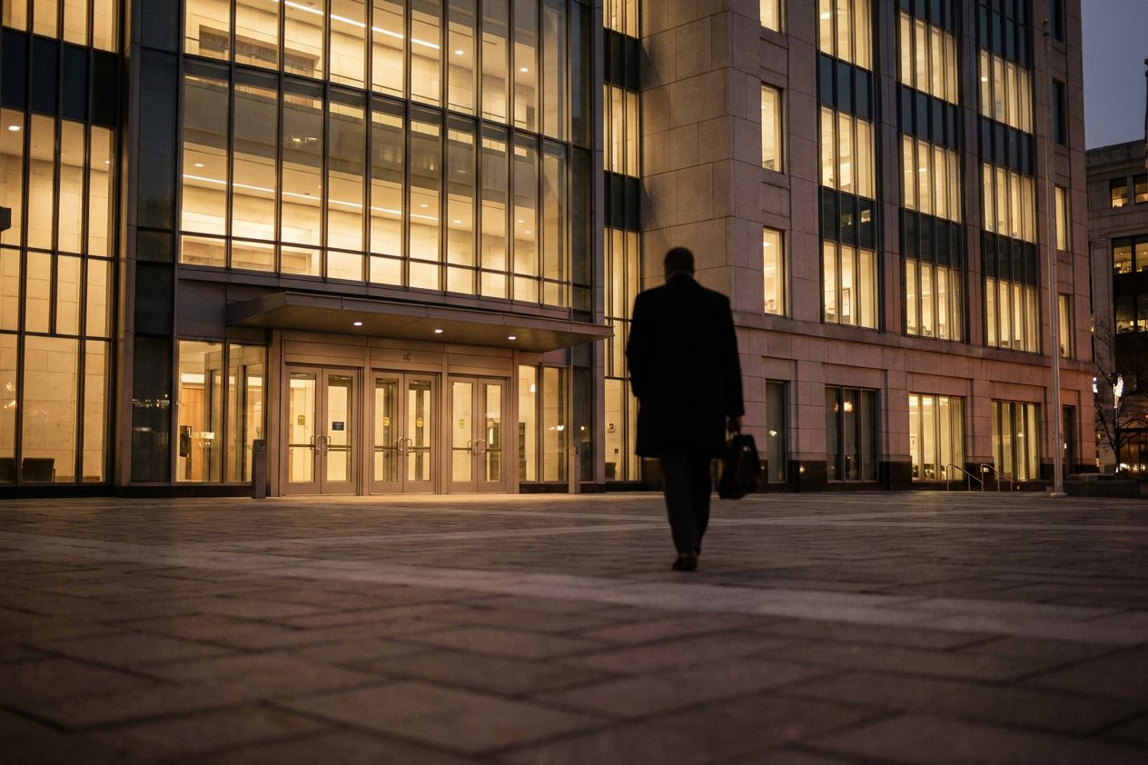 Exterior view at dusk of a large international courthouse with lit windows and closed entrance doors, a lone figure walking away in the foreground.
