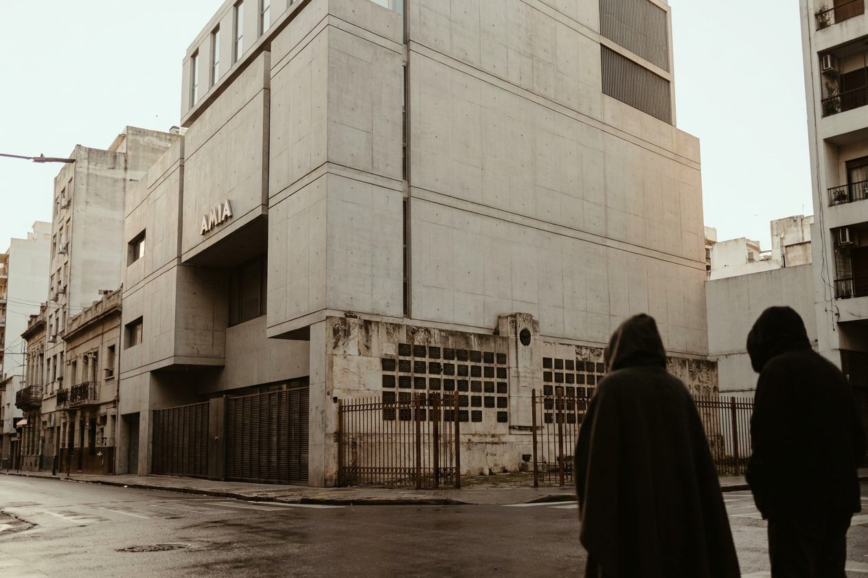 A wide street-level view of the rebuilt AMIA community center in Buenos Aires at dawn, with a memorial wall of plaques in the foreground and two unidentifiable figures standing with their backs turned.